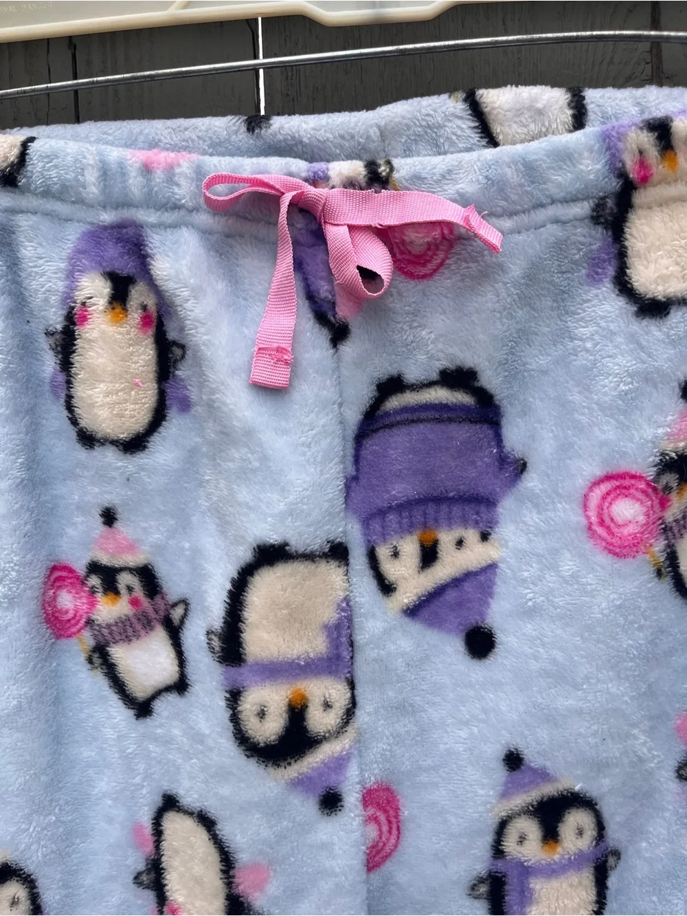Cozy Penguin Fleece Pajama Lounge Pants Light Blue Purple Accents Size Medium